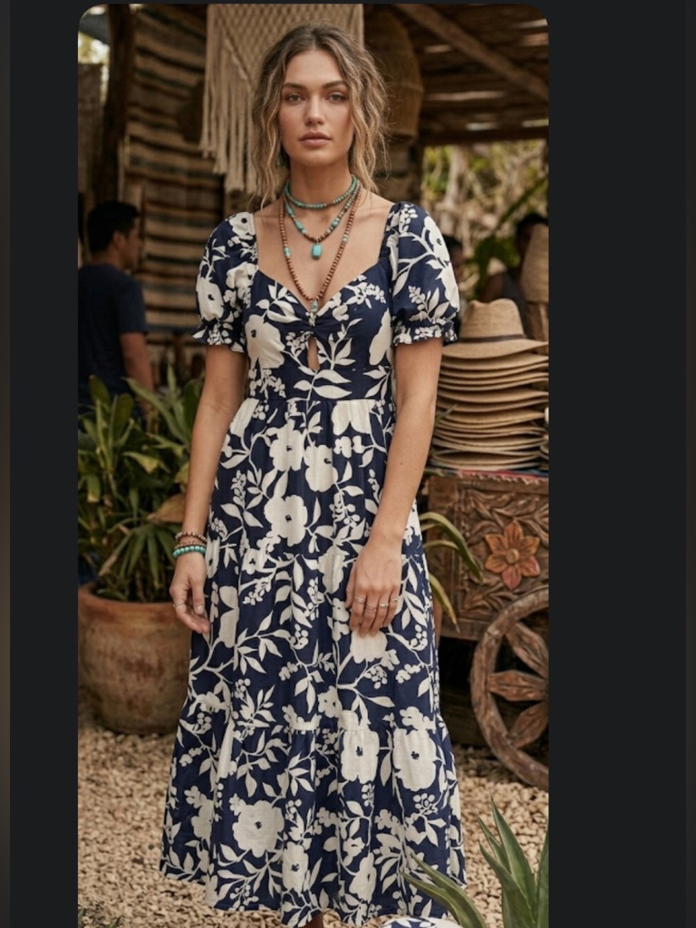 NWT Trixxi Los Angeles Blue Floral Tiered Midi Dress Smocked Size S